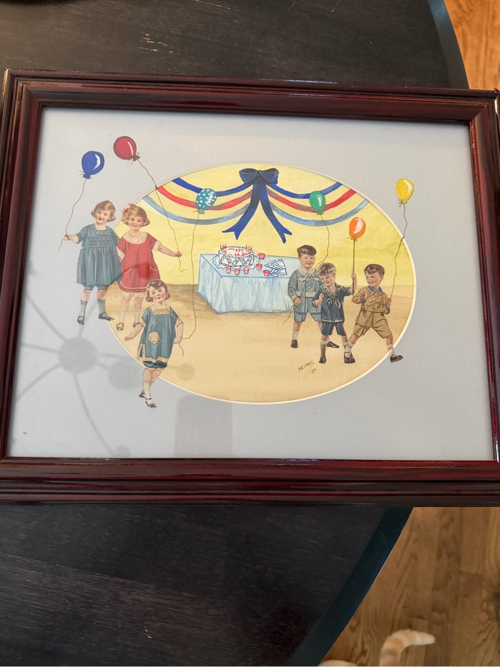 Vintage Children's Party Illustration in Mahogany Frame